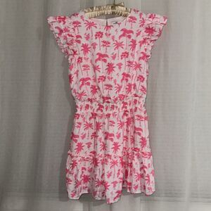 Vineyard Vines M White Pink Palms Plumeria Flutter Sleeve Smocked Ruffle Dress